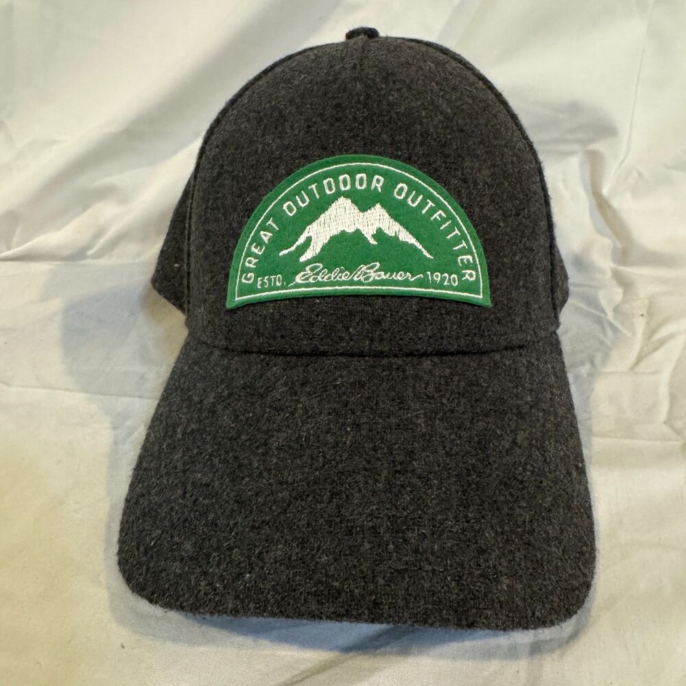 Eddie Bauer Hat Cap Strap Back Charcoal Gray Wool Blend Patch Great Outdoor OSFM